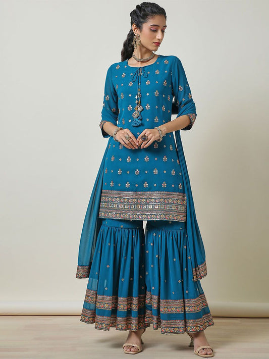 Dhiyona SO Women's Women Ethnic Motifs Embroidered Regular Thread Work Kurta with Sharara & With Dupatta