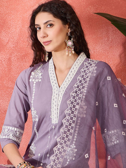Dhiyona SN Women's Floral Embroidered V-Neck Mirror Work Pure Cotton Kurta With Trouser & Dupatta