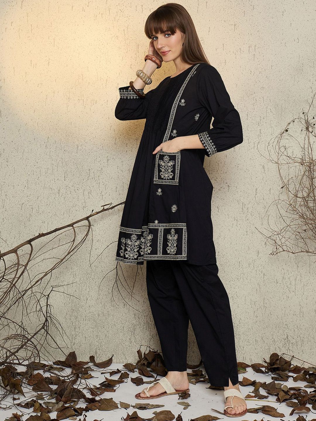 Women Ethnic Motifs Embroidered Pure Cotton A-Line Kurta with Pyjama