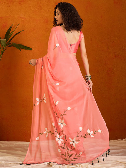 Women's Chiffon Pink Printed Designer Saree With Blouse Piece