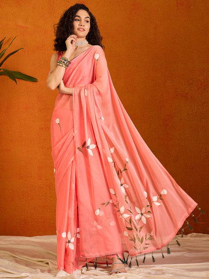Women's Chiffon Pink Printed Designer Saree With Blouse Piece
