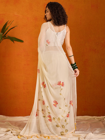Women's Chiffon Off White Printed Designer Saree With Blouse Piece
