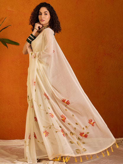 Women's Chiffon Off White Printed Designer Saree With Blouse Piece