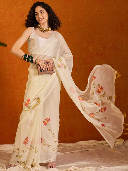 Women's Chiffon Off White Printed Designer Saree With Blouse Piece