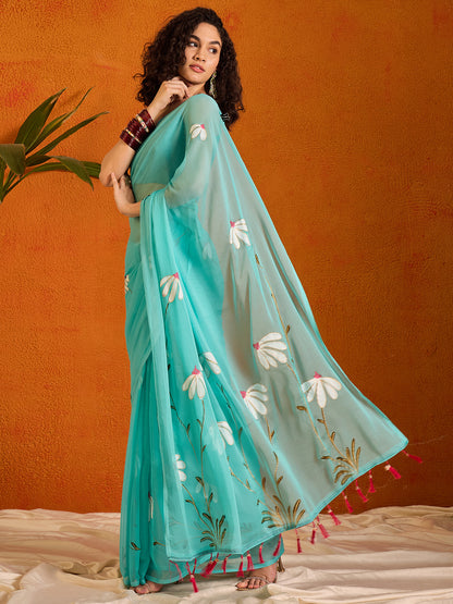 Women's Chiffon Light Blue Printed Designer Saree With Blouse Piece