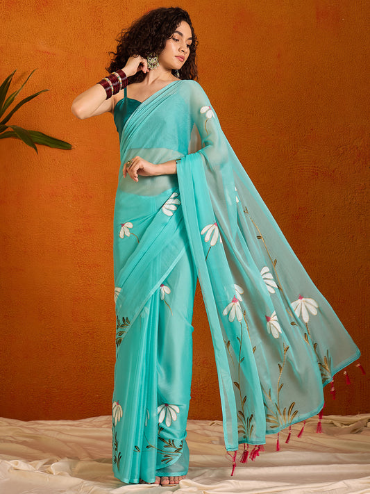 Women's Chiffon Light Blue Printed Designer Saree With Blouse Piece