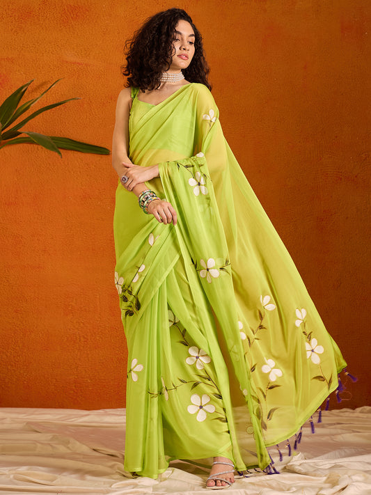 Women's Chiffon Light Green Printed Designer Saree With Blouse Piece
