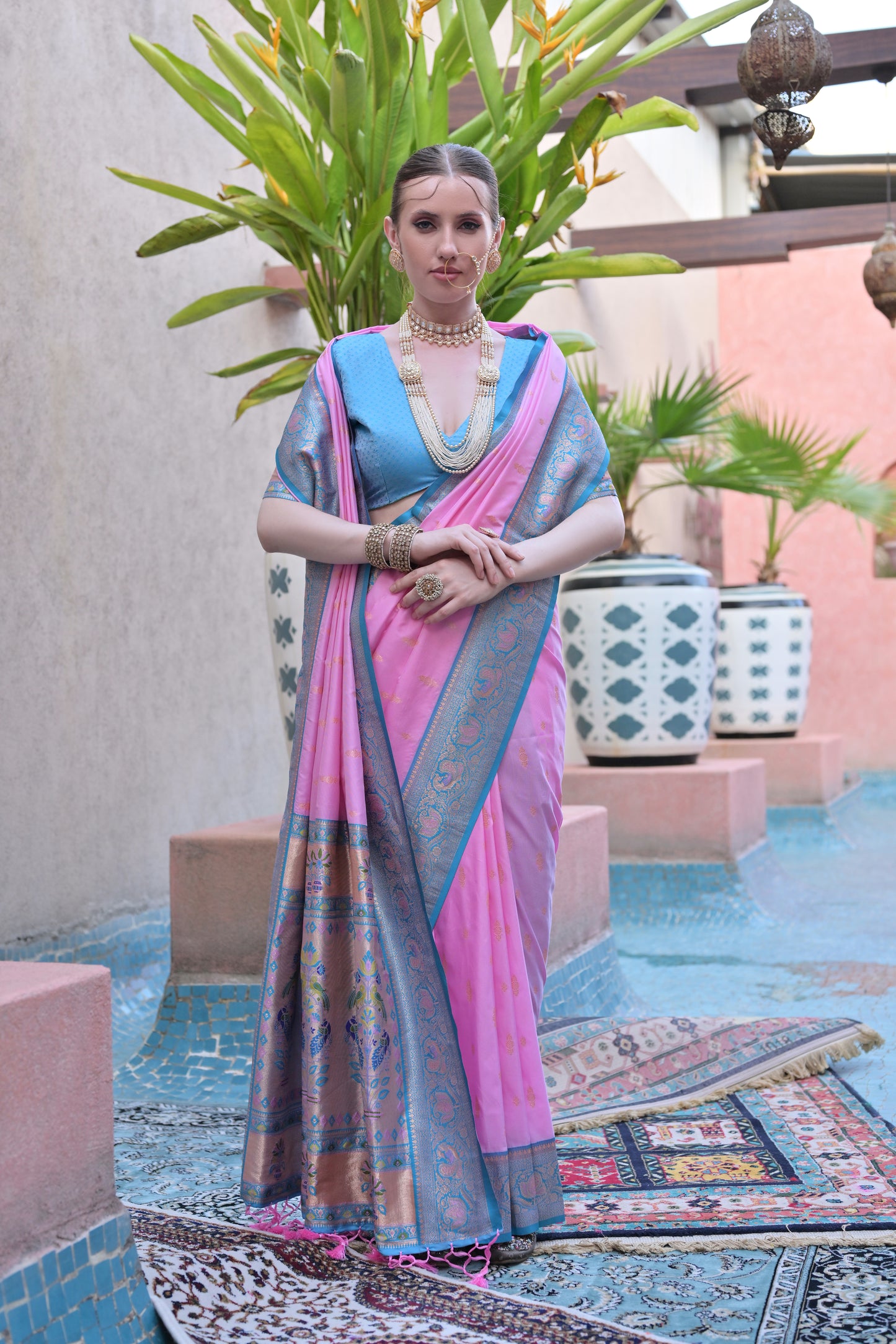 Women Paithani Aarti Baby Pink Saree With Unstiched Blouse