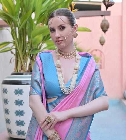 Women Paithani Aarti Baby Pink Saree With Unstiched Blouse