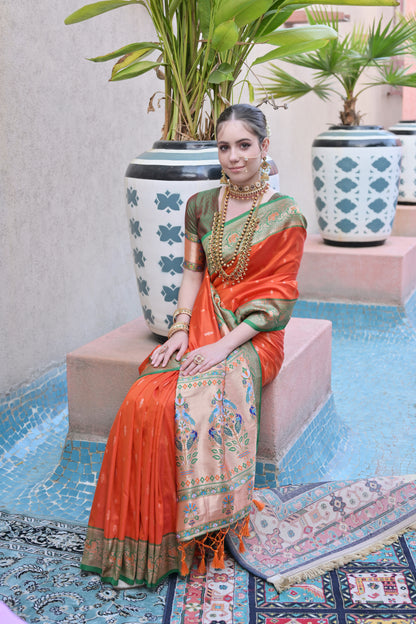 Women Paithani Aarti Orange Saree With Unstiched Blouse