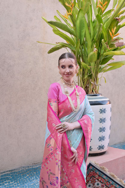 Women Paithani Aarti Sea Green Saree With Unstiched Blouse
