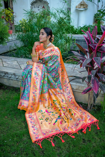 Women Paithani Mena 2 Mahendi Saree With Unstiched Blouse