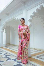 Women Paithani Mena 2 Pista Saree With Unstiched Blouse