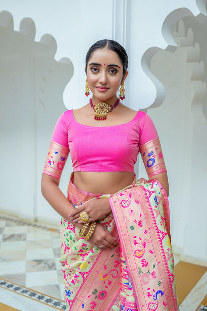 Women Paithani Mena 2 Pista Saree With Unstiched Blouse