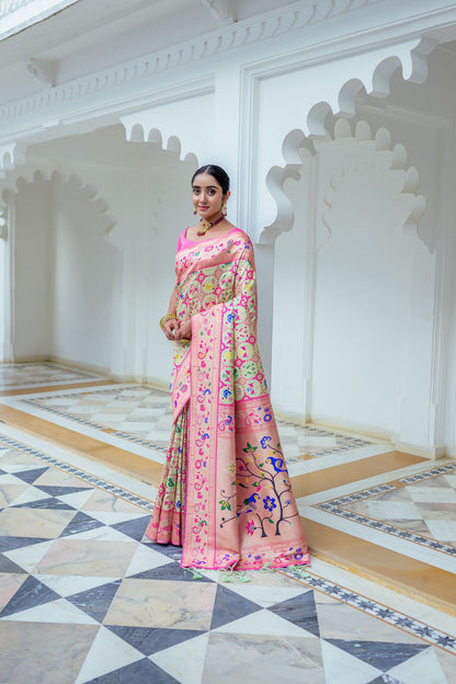 Women Paithani Mena 2 Pista Saree With Unstiched Blouse