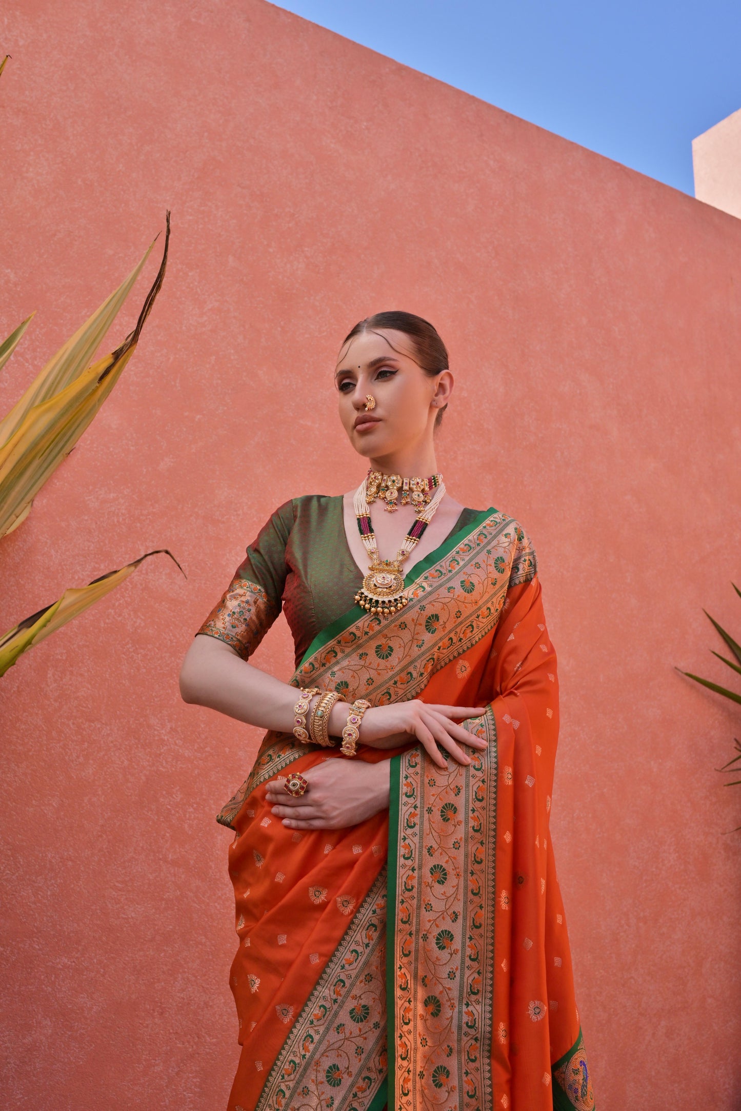 Women Paithani Nisha Orange Saree With Unstiched Blouse