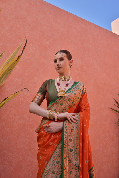 Women Paithani Nisha Orange Saree With Unstiched Blouse