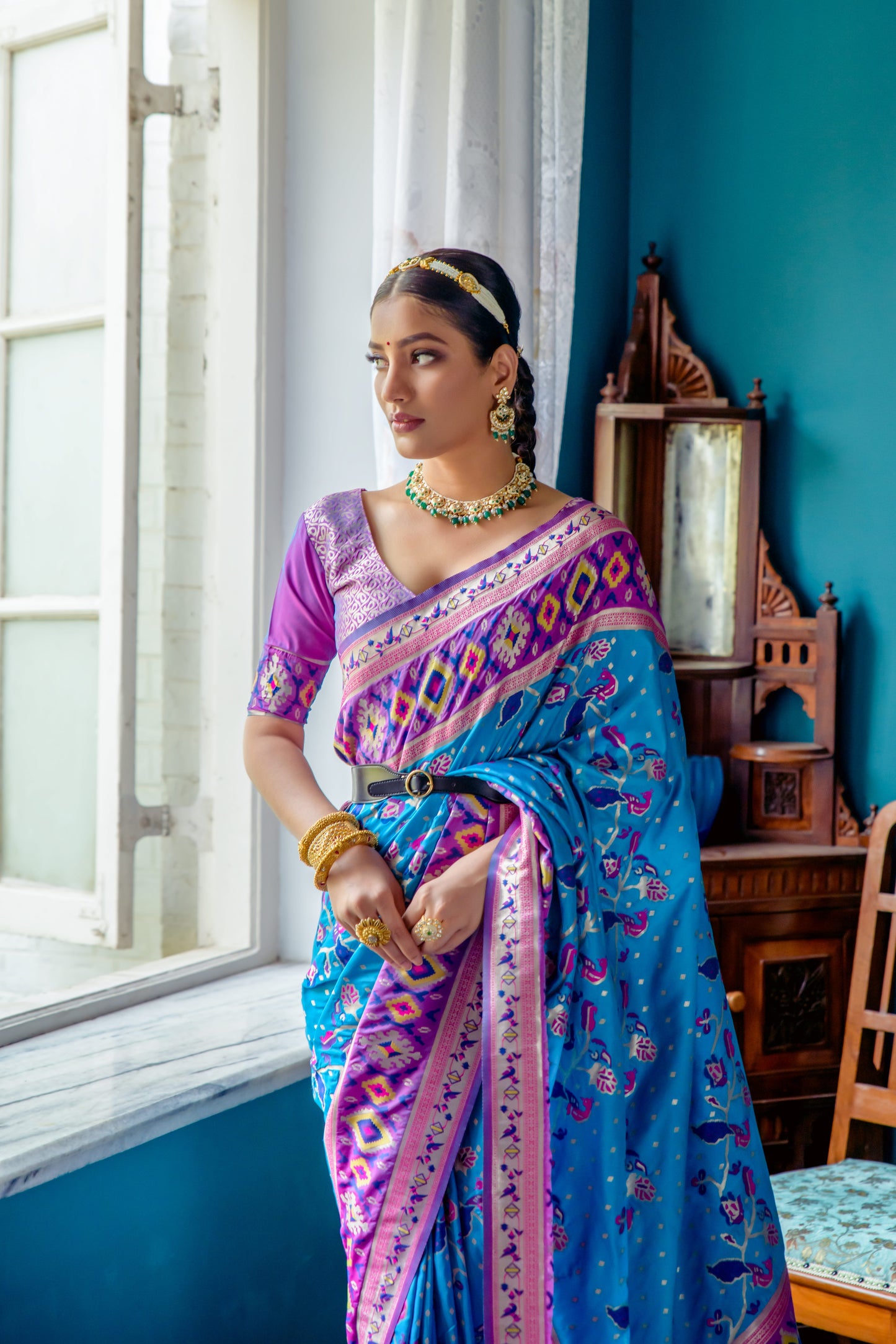 Women Paithani Priti Firozi Saree With Unstiched Blouse