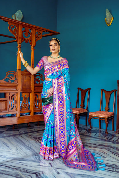 Women Paithani Priti Teal Saree With Unstiched Blouse