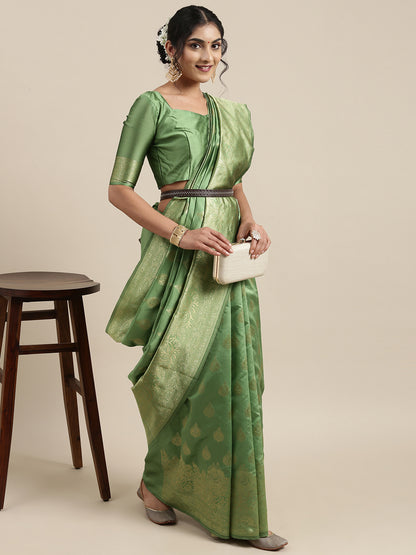 Women's Silk Blend Green Woven Design Woven saree With Blouse Piece