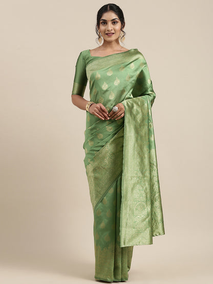 Women's Silk Blend Green Woven Design Woven saree With Blouse Piece