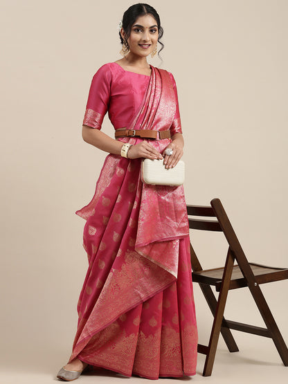 Women's Silk Blend Pink Woven Design Woven saree With Blouse Piece