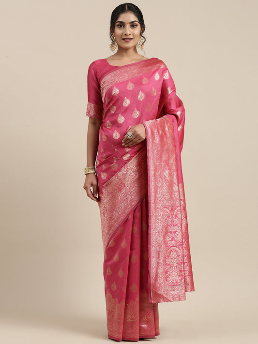 Women's Silk Blend Pink Woven Design Woven saree With Blouse Piece