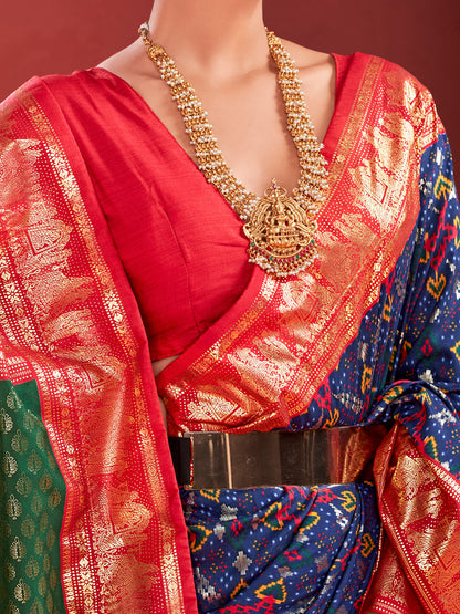 Women's Tussar Silk Navy Blue Printed Designer Saree With Blouse Piece