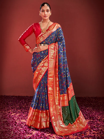 Women's Tussar Silk Navy Blue Printed Designer Saree With Blouse Piece