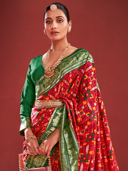 Women's Tussar Silk Red Printed Designer Saree With Blouse Piece
