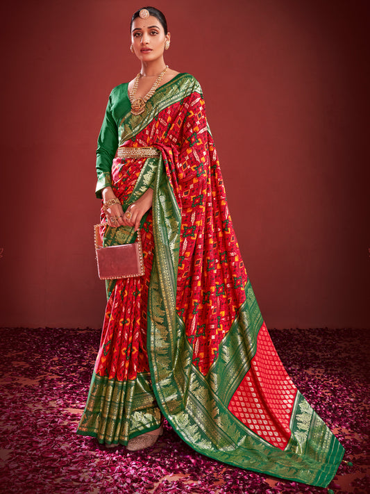 Women's Tussar Silk Red Printed Designer Saree With Blouse Piece