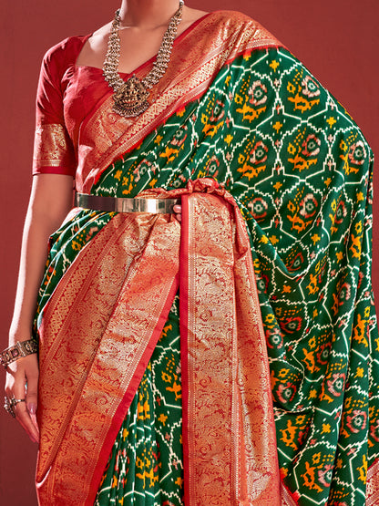 Women's Tussar Silk Green Printed Designer Saree With Blouse Piece