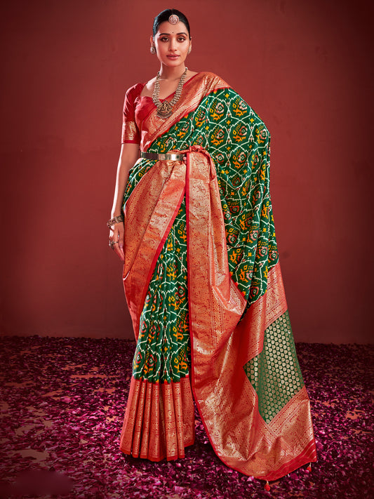Women's Tussar Silk Green Printed Designer Saree With Blouse Piece