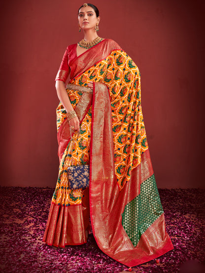 Women's Tussar Silk Mustard Printed Designer Saree With Blouse Piece