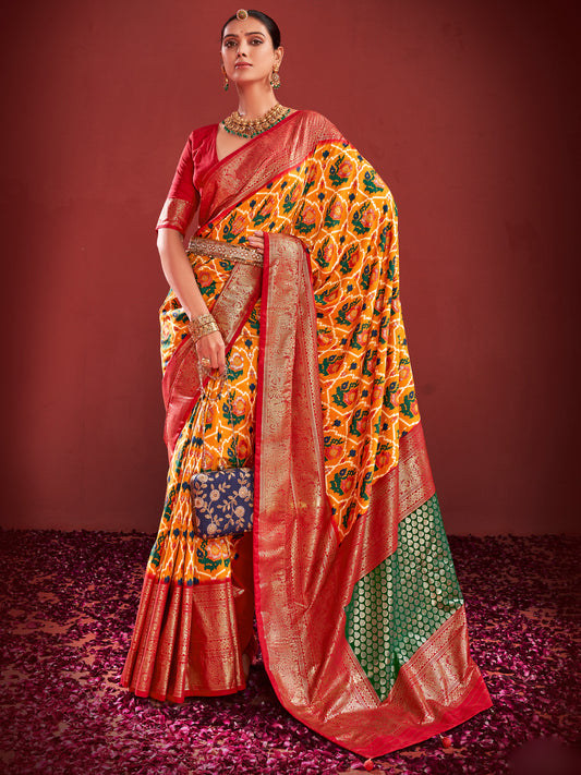 Women's Tussar Silk Mustard Printed Designer Saree With Blouse Piece