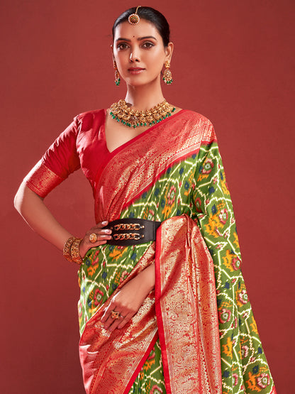 Women's Tussar Silk Olive Printed Designer Saree With Blouse Piece