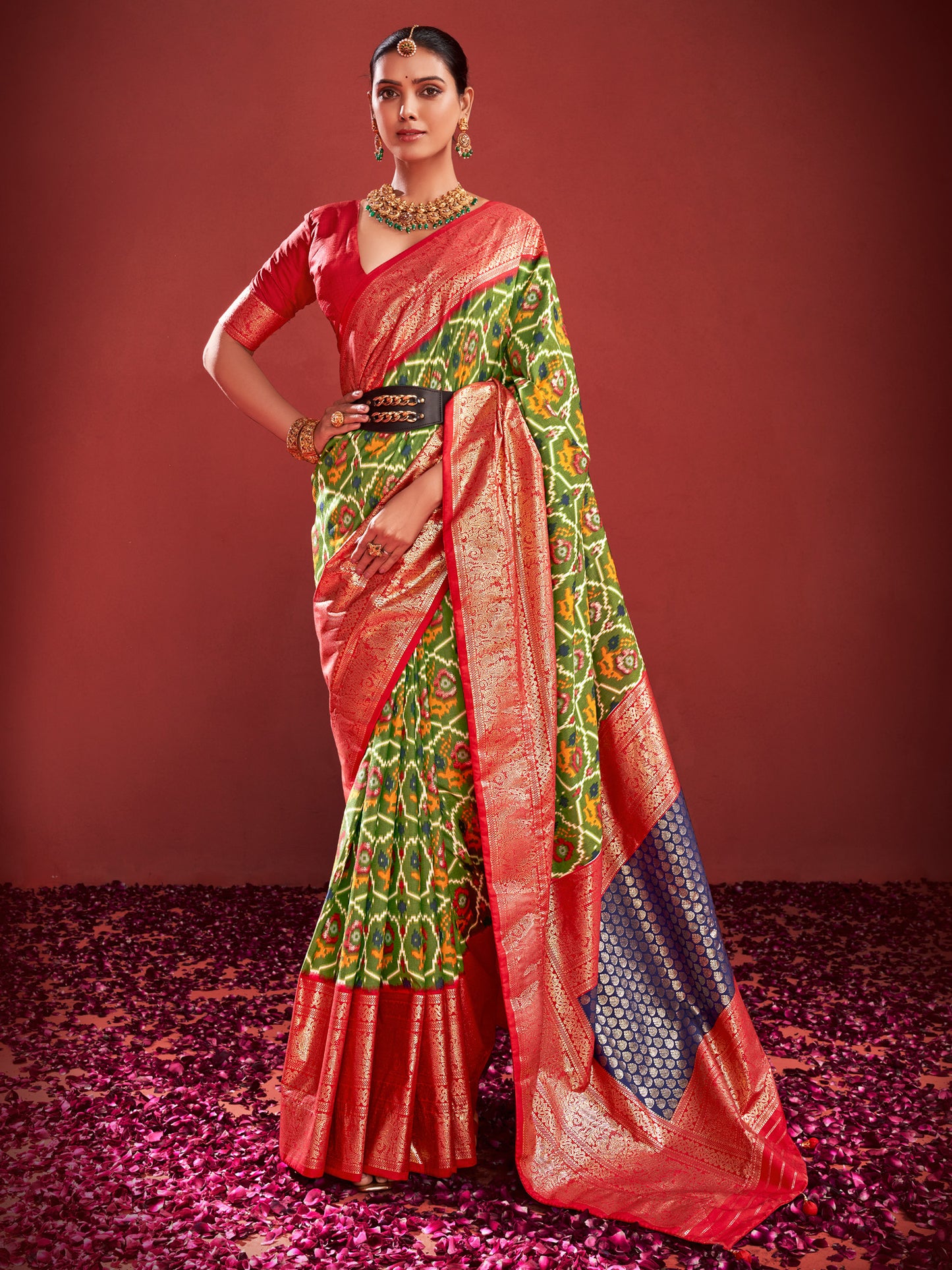 Women's Tussar Silk Olive Printed Designer Saree With Blouse Piece