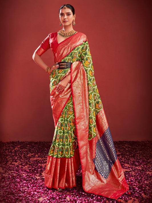 Women's Tussar Silk Olive Printed Designer Saree With Blouse Piece