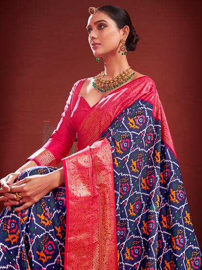 Women's Tussar Silk Navy Blue Printed Designer Saree With Blouse Piece