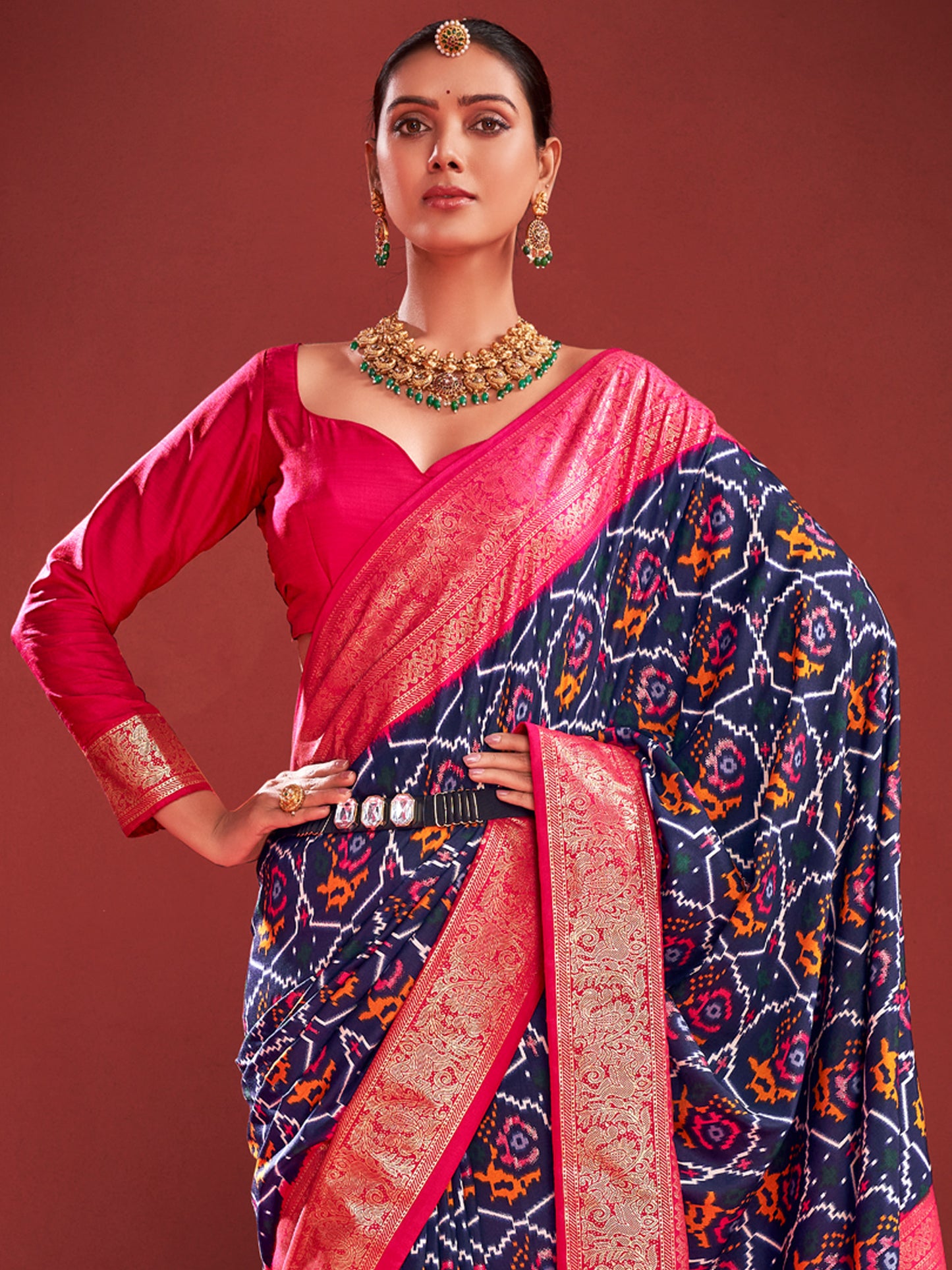 Women's Tussar Silk Navy Blue Printed Designer Saree With Blouse Piece