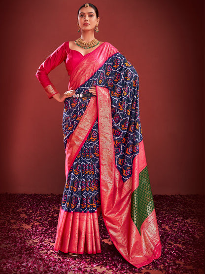 Women's Tussar Silk Navy Blue Printed Designer Saree With Blouse Piece