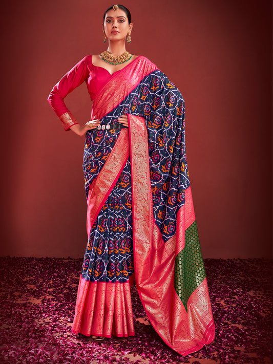 Women's Tussar Silk Navy Blue Printed Designer Saree With Blouse Piece