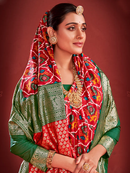 Women's Tussar Silk Red Printed Designer Saree With Blouse Piece