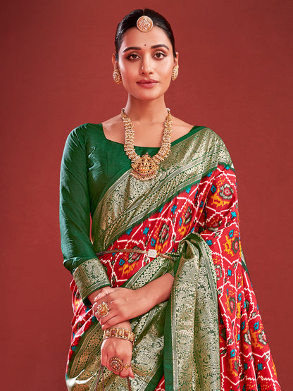Women's Tussar Silk Red Printed Designer Saree With Blouse Piece