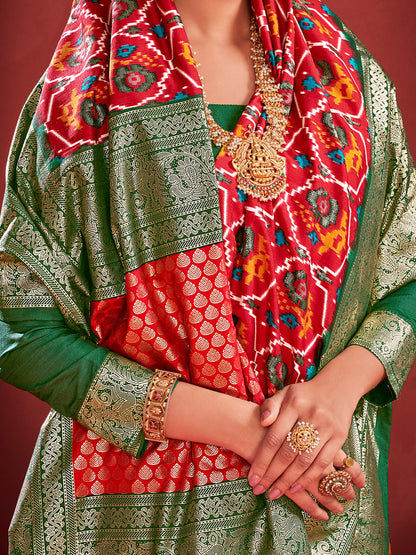 Women's Tussar Silk Red Printed Designer Saree With Blouse Piece
