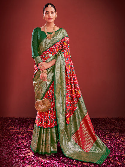 Women's Tussar Silk Red Printed Designer Saree With Blouse Piece