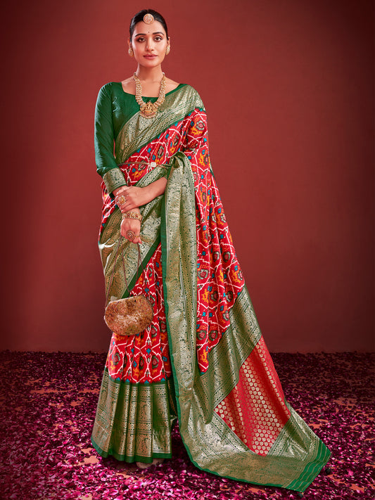 Women's Tussar Silk Red Printed Designer Saree With Blouse Piece