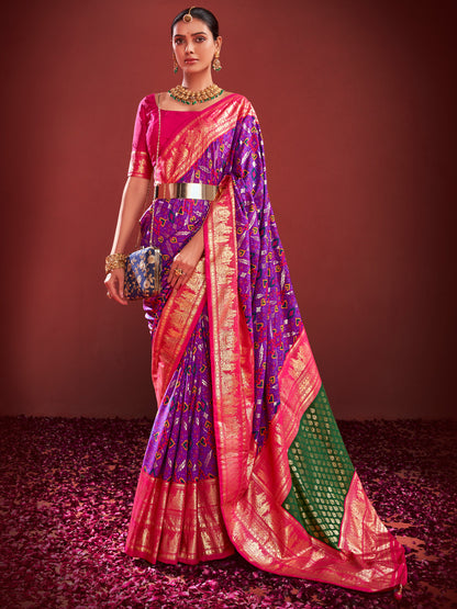 Women's Tussar Silk Purple Printed Designer Saree With Blouse Piece