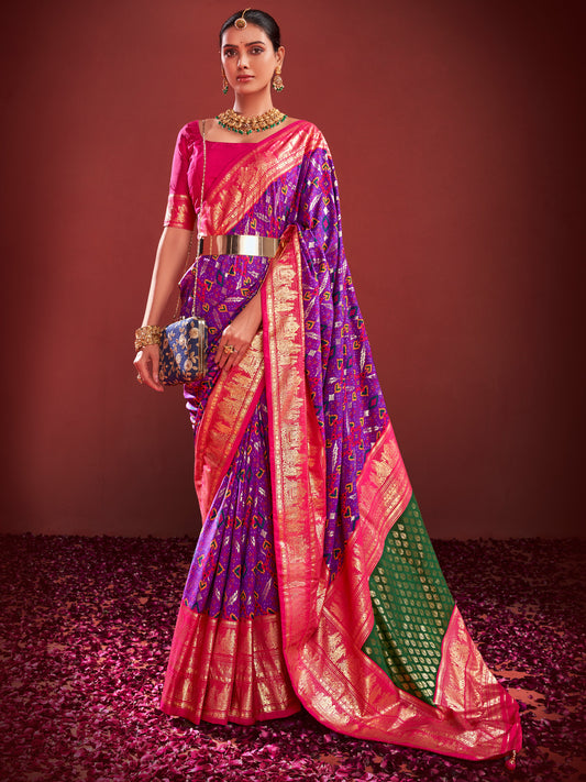 Women's Tussar Silk Purple Printed Designer Saree With Blouse Piece