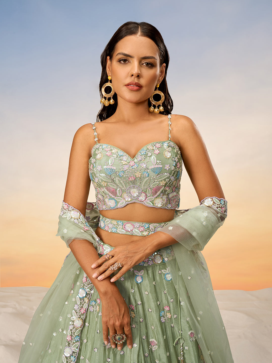 Women Lime green Chiffon Sequins and thread embroidery Semi-Stitched Lehenga choli & Dupatta